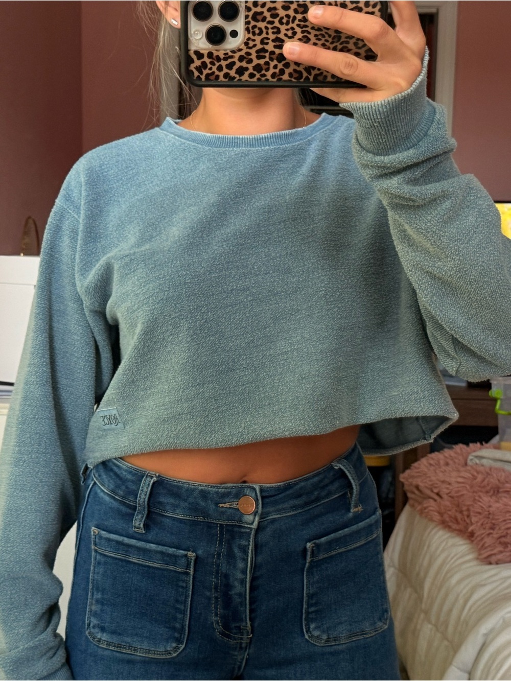 Cropped Aqua Terry Long-Sleeve Crop Top
